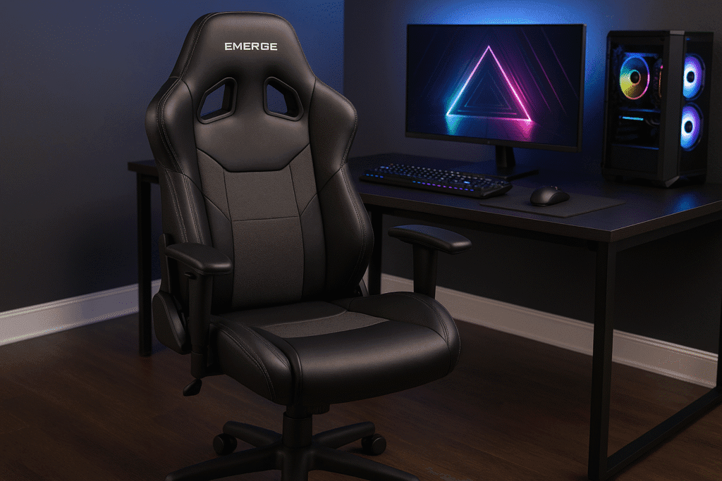 Emerge Gaming Chair Review: The Ultimate Comfort for Gamers in 2025 4 Emerge Gaming Chair in a gaming setup with desk, monitor, and accessories for a complete gaming experience.